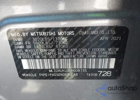 2021 Mitsubishi Mirage Carbonite Edition/Es/Le from USA, damaged, VIN ML32AUHJ2MH008735